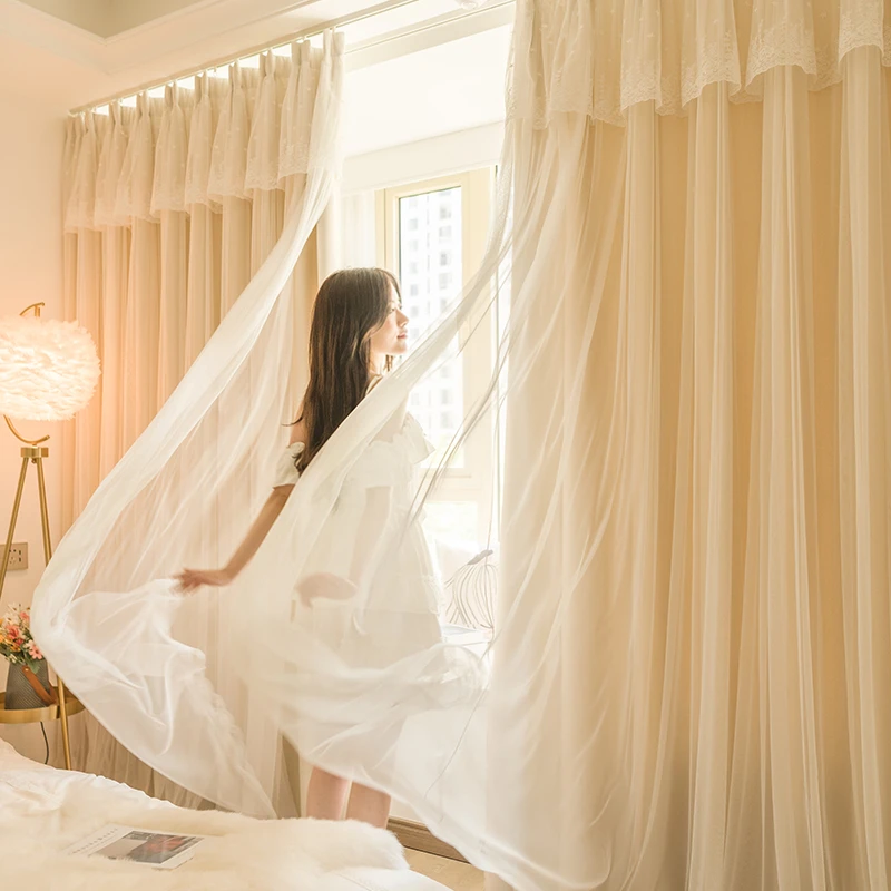 法式奶油色窗帘卧室ins风少女双层公主风遮光2024新款客厅梦幻帘