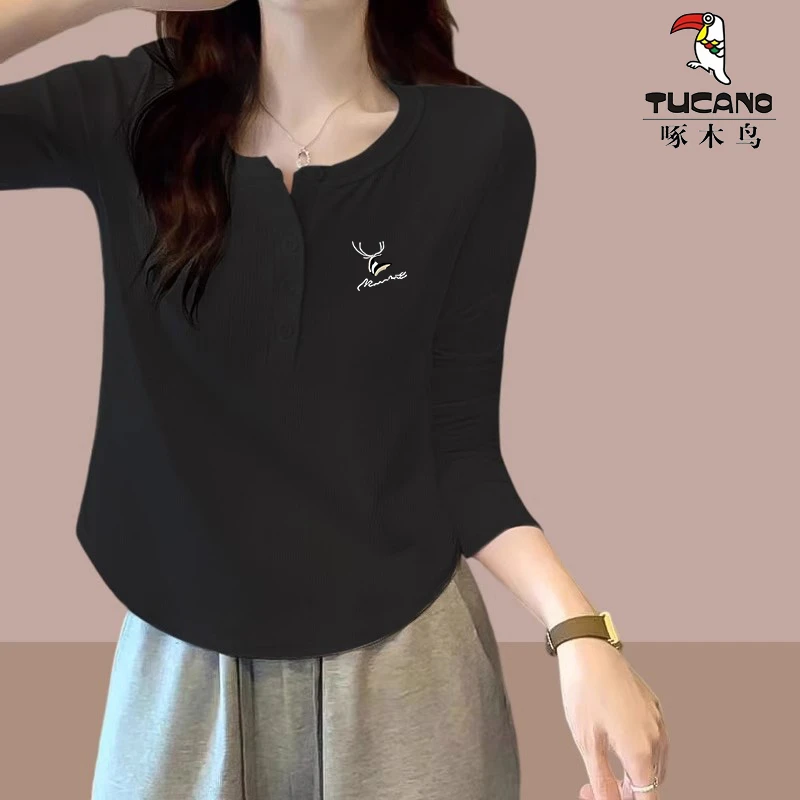 清仓捡漏啄木鸟外贸女装春秋季上衣薄款创意减龄时尚百搭T恤长袖