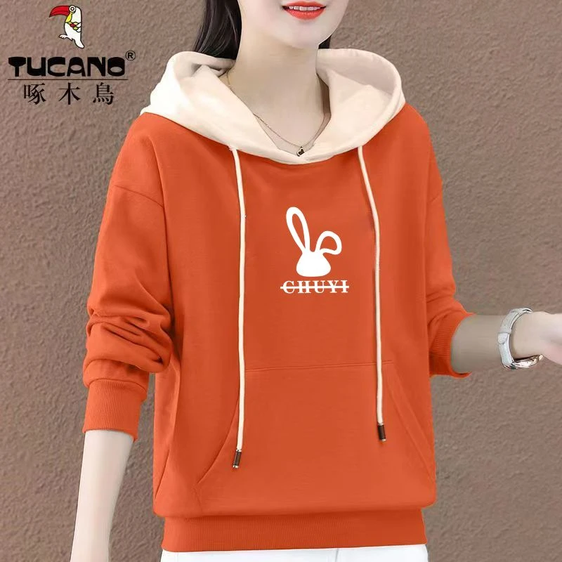 啄木鸟正品秋冬季2024新款休闲连帽薄款/加绒卫衣女宽松拼色上衣