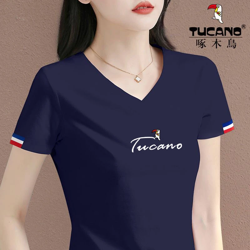 啄木鸟正品2024新款夏季时尚潮ins百搭洋气V领t恤女休闲短袖上衣