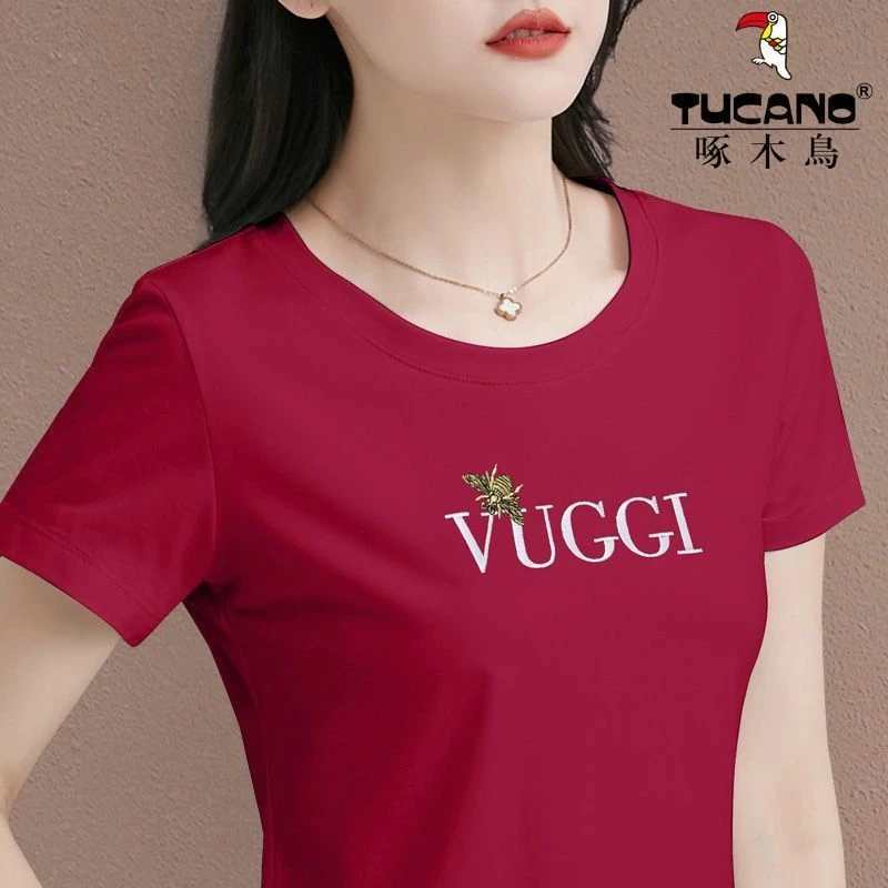 啄木鸟正品2024新款夏季时尚圆领短袖t恤女百搭潮ins大码印花上衣