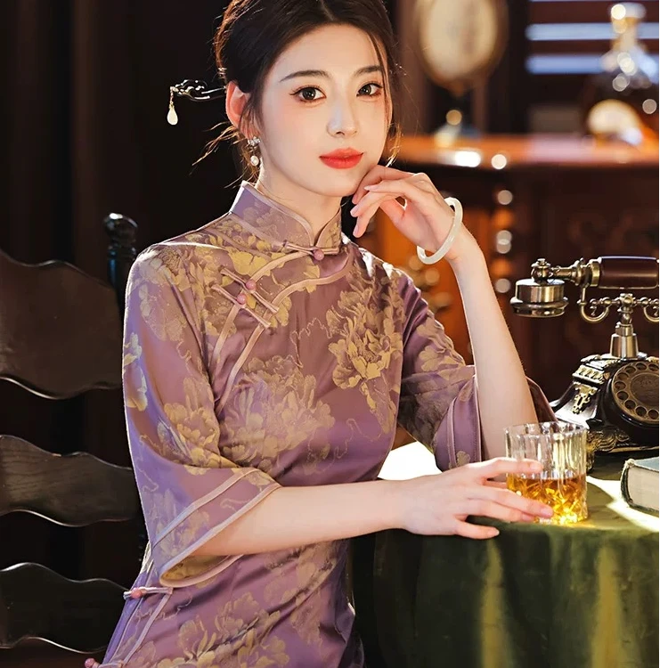 【牡丹花开】紫色旗袍24新款夏季改良日常可穿气质高端新中式小个子