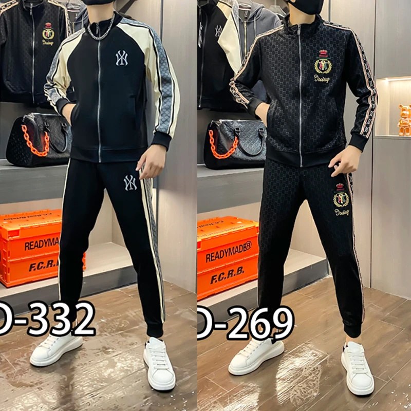 【秋季上新】2022新款加绒拼接轻奢刺绣男士立领开衫百搭大码套装