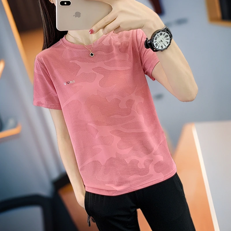 速干衣女短袖薄款户外运动跑步迷彩冰丝团服夏快干宽松圆领t恤女