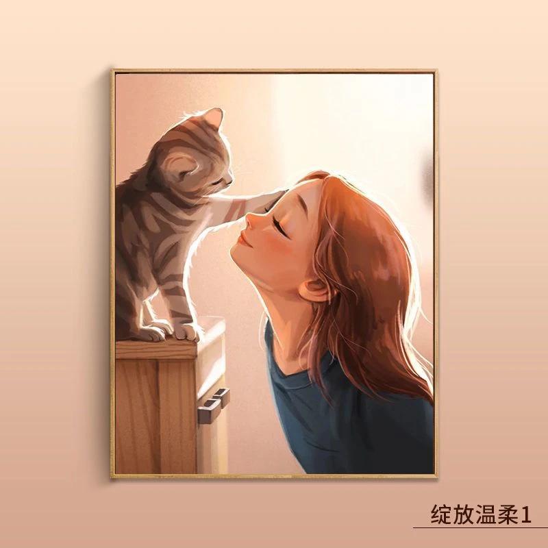 简约治愈女孩可爱人物质感壁画温馨画猫咪儿童房间挂画女儿房挂画