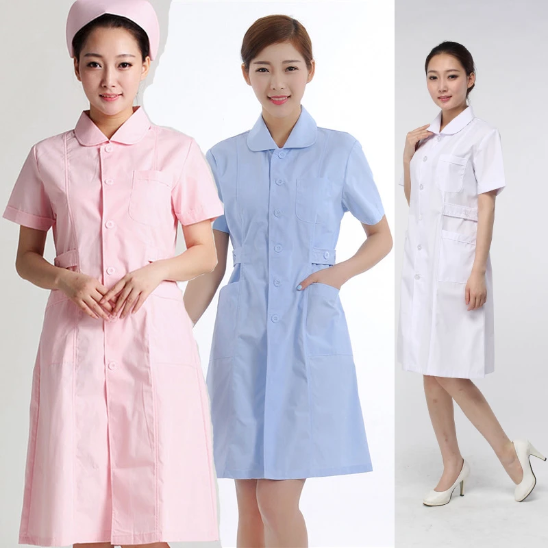 女护士服娃娃领短袖大褂夏季薄款圆领白大褂实验服美容师工作服装