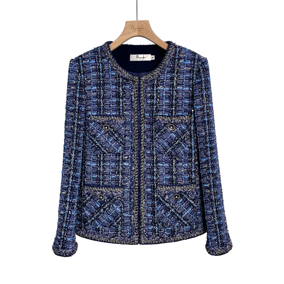 【蓝色妖姬】小香风外套女秋季圆领粗花呢时尚气质长袖上衣女士