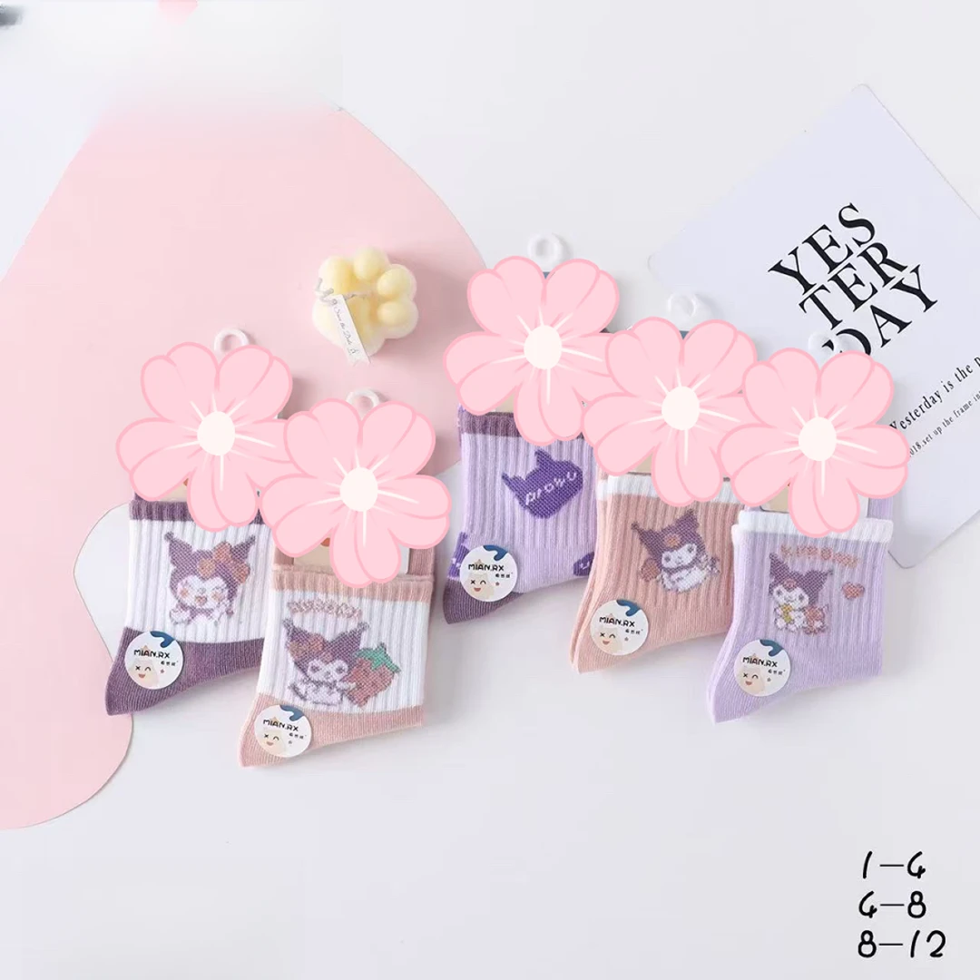 儿童女宝可爱简约百搭时尚四季款中筒袜紫色卡通图案款学生款潮袜