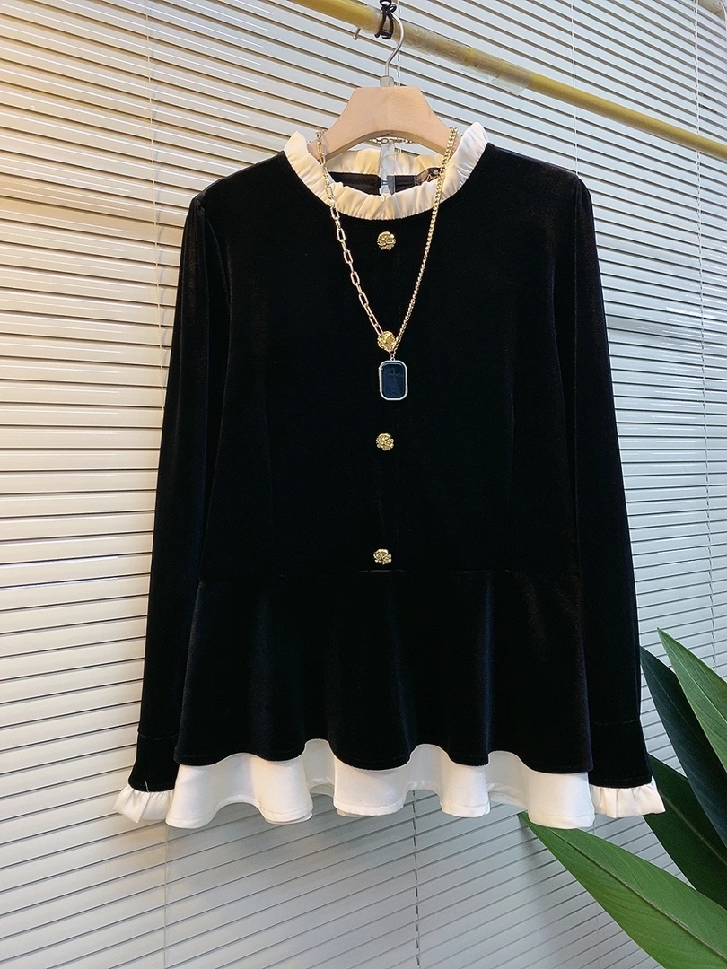 早春新款大码女装时尚气质百搭遮肉显瘦气质丝绒女神衫