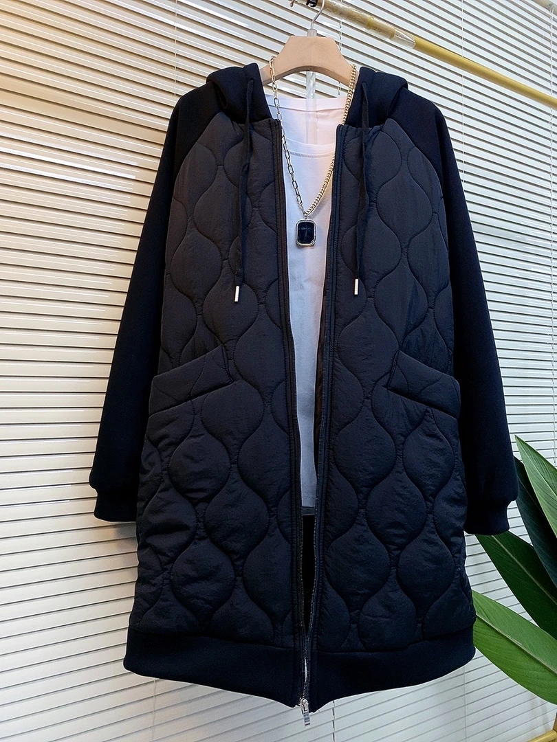 秋冬新款大码女装时尚休闲保暖宽松遮肉拼接纯色中长款棉服