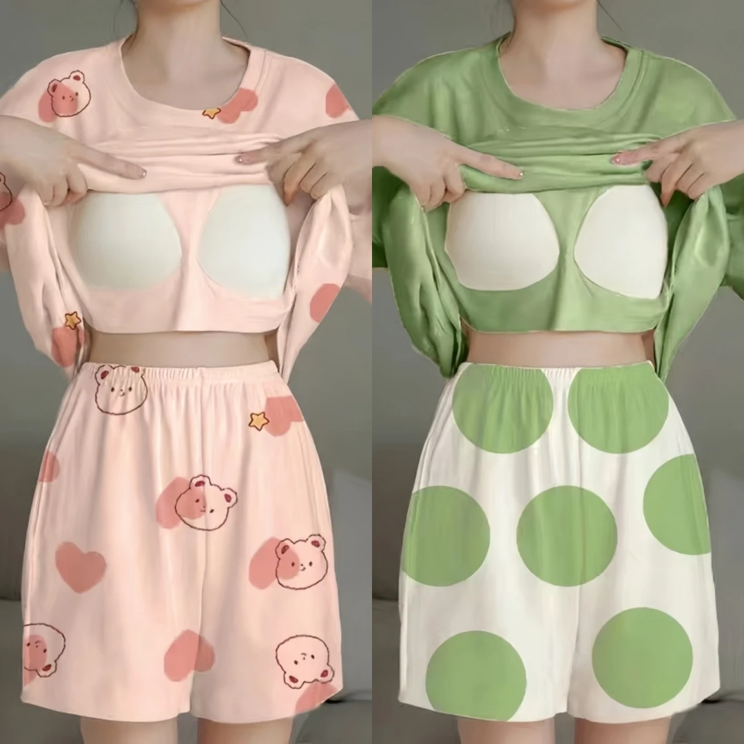 【买一送一】睡衣女夏季短袖短裤大码时尚甜美卡通薄款家居服套装