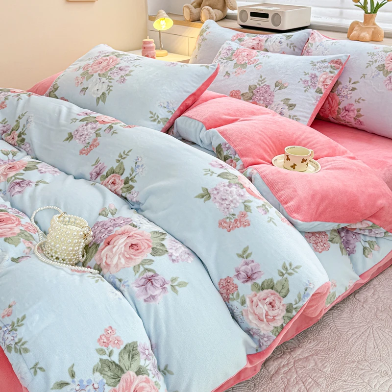 冬季加厚牛奶绒三四件套双面绒珊瑚绒被套床单法兰绒防静电床裙款