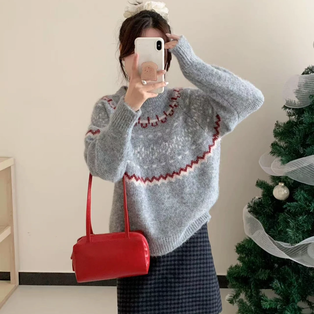 费尔岛提花套头毛衣女2024新款秋冬灰色加厚复古慵懒高级感针织衫