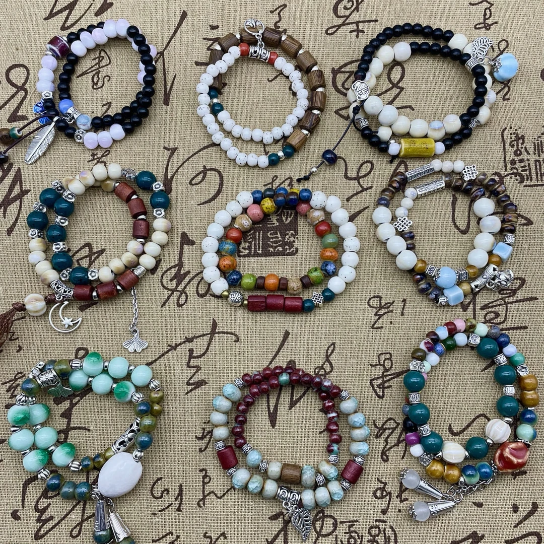 合金陶瓷手链 气质红色手作百搭彩色双圈手工小众民族风手链ins