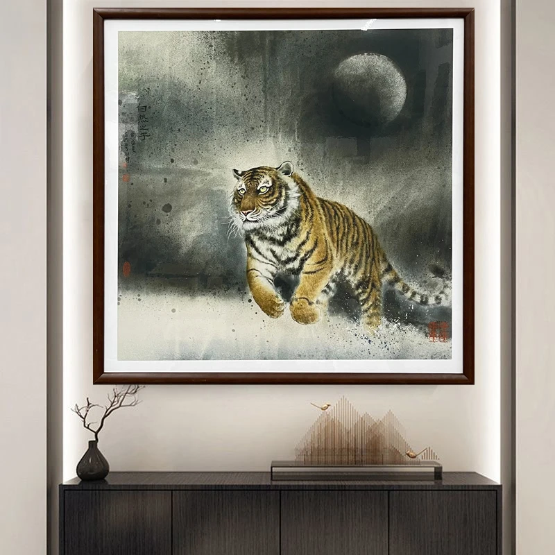 183-80*80自然之子虎中式装饰画实木框玄关书房茶室客厅挂画