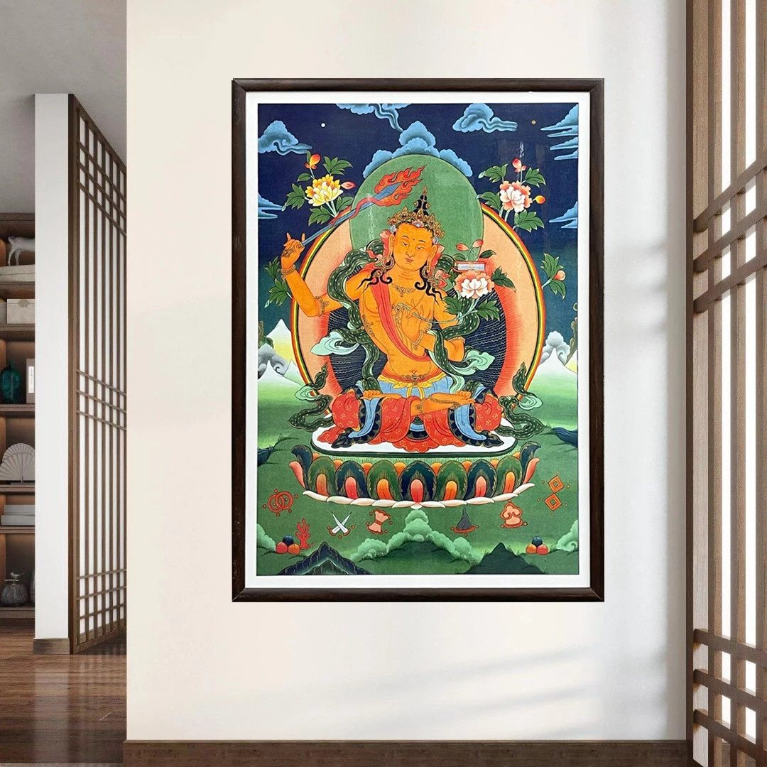 192-62*95唐卡风文殊菩萨中式装饰画实木框玄关书房茶室客厅挂画