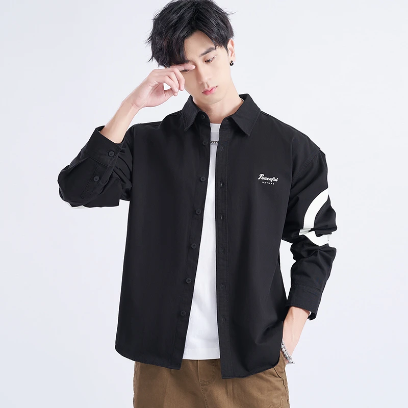 春秋新款轻奢日系休闲长袖衬衫男士文艺宽松翻领百搭印花衬衣外套