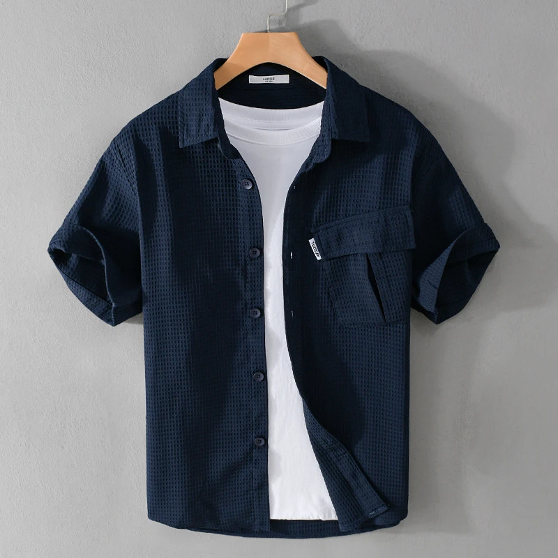 有品服饰夏季男装薄款华夫格短袖衬衫潮流休闲宽松百搭清新男衬衣