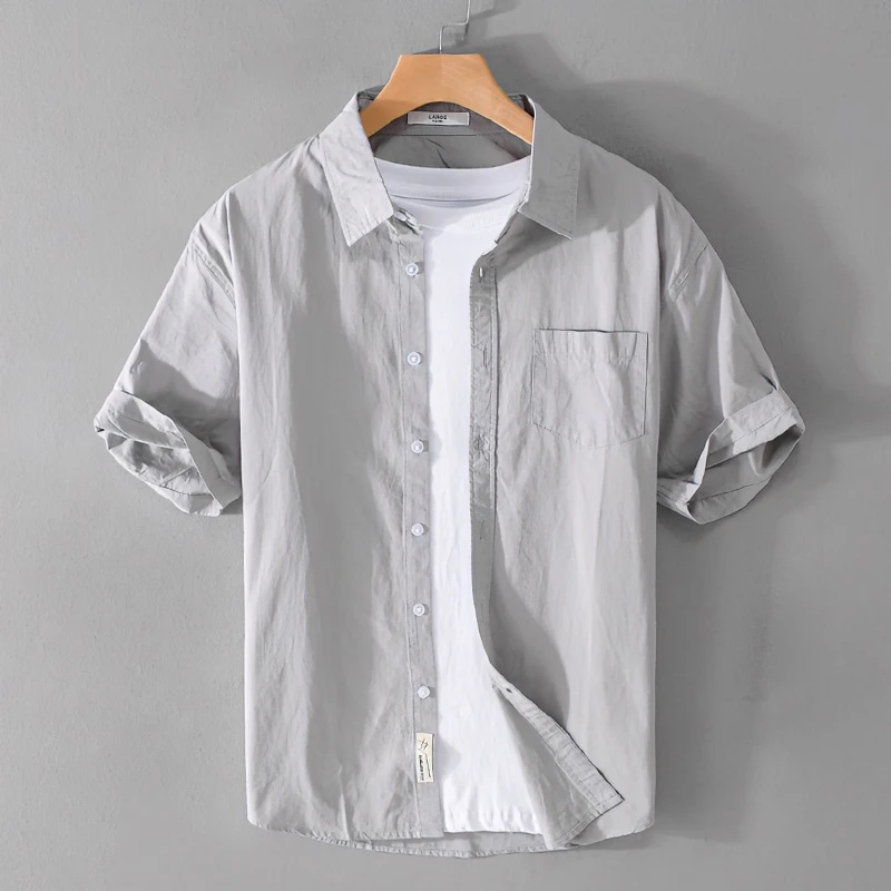 有品服饰夏季全棉短袖衬衫男士青年翻领半袖衬衣纯色休闲百搭衬衣