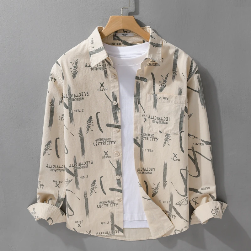 男士长袖衬衫春秋季潮流痞帅宽松舒适休闲时尚百搭印花薄款衬衣男