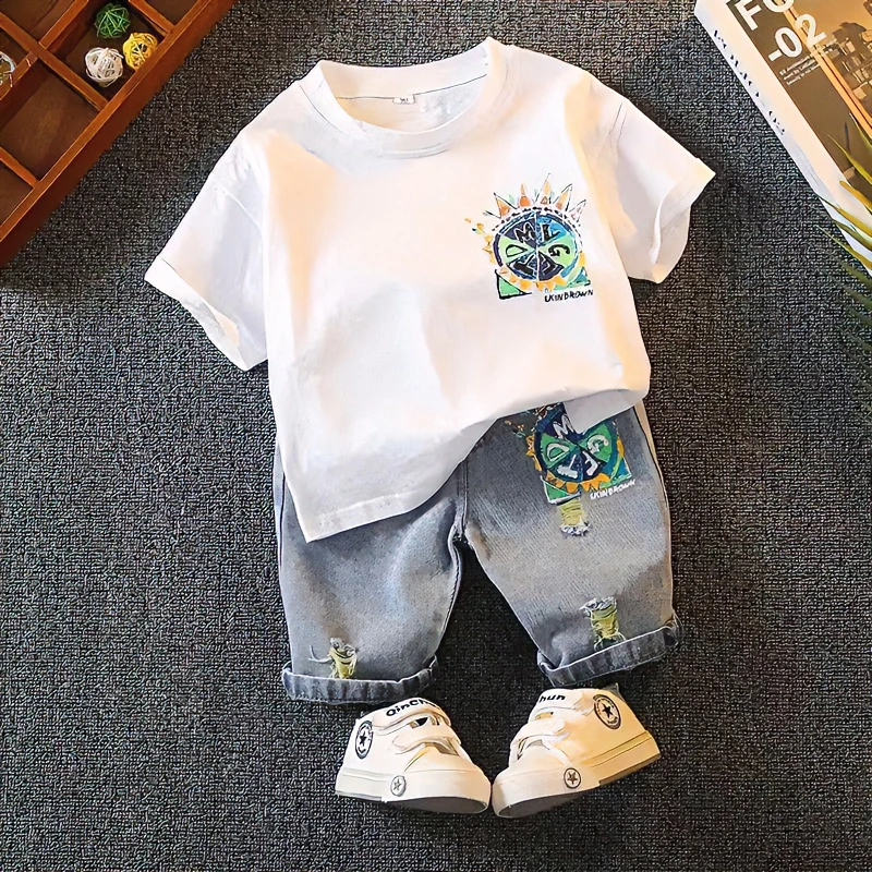 男童套装夏装25年夏季新款小童中大童洋气帅气牛仔短袖两件套儿童