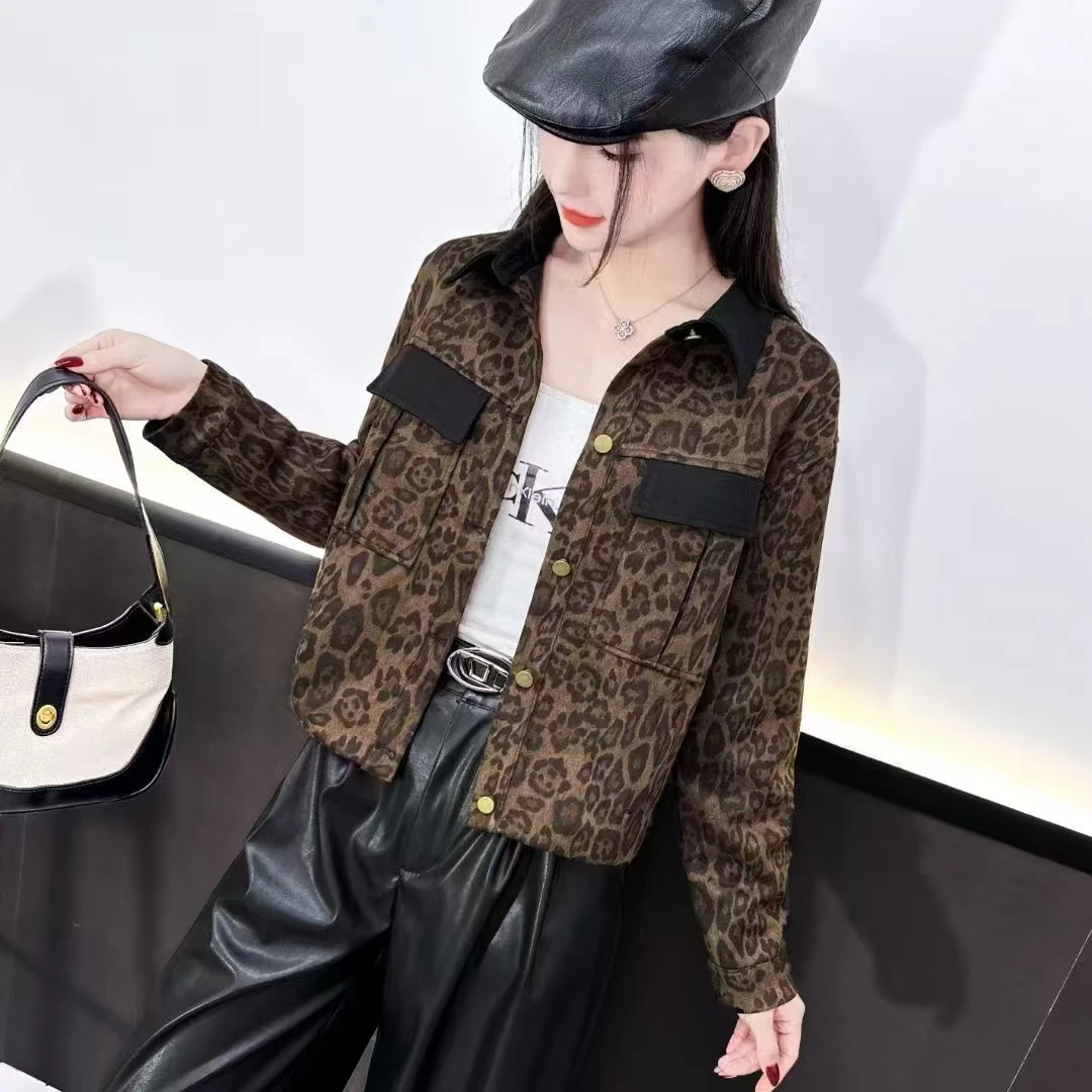 1813#【衣长52】设计感复古豹纹撞色拼接短款外套