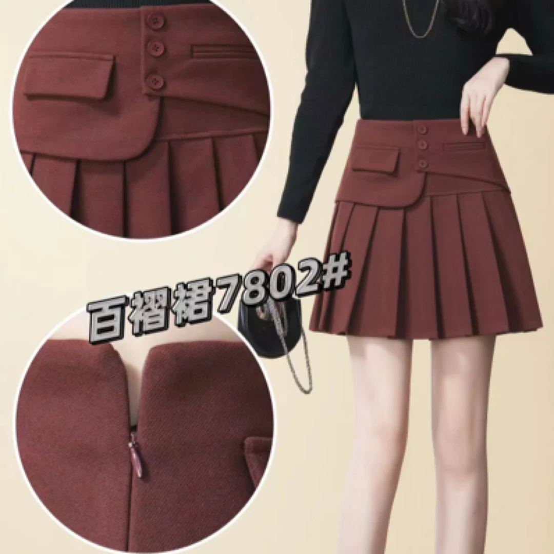 7802#【裙长40】秋冬季新款高腰遮肉a字短裙显瘦防走光设计百褶裙
