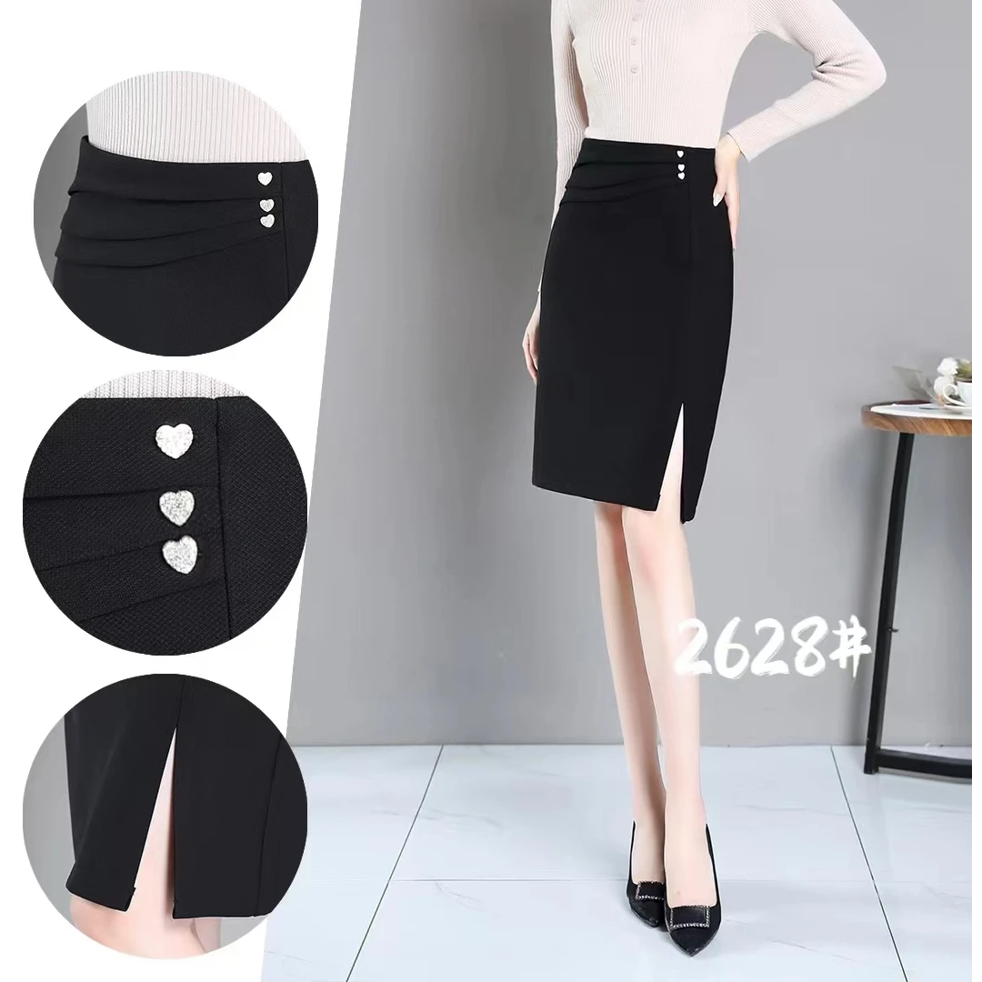 2628 #【裙长58】半身裙中长款直筒春秋气质时尚开叉高腰显瘦包臀裙