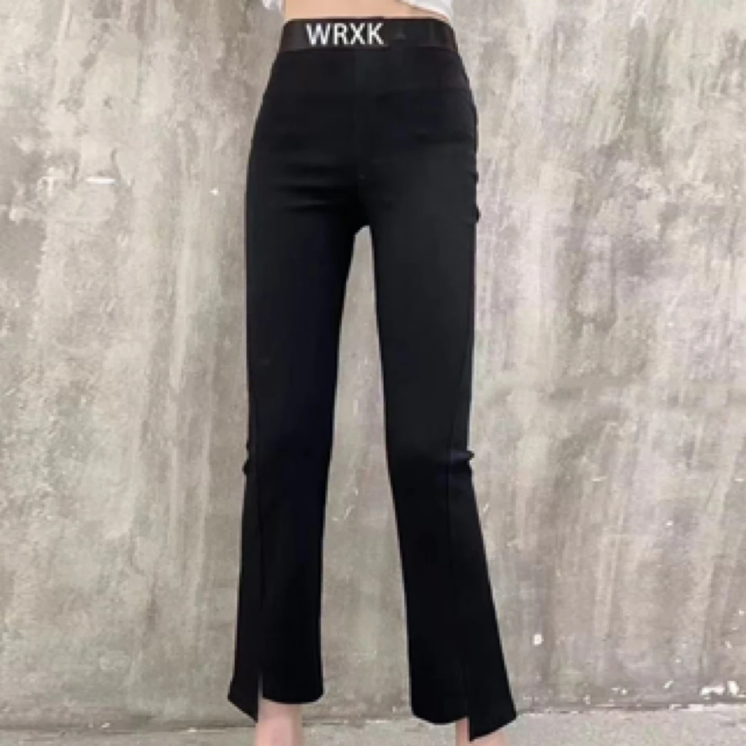 194【裤长92起】秋冬新款高腰弹力百搭显瘦休闲女士黑色微喇裤