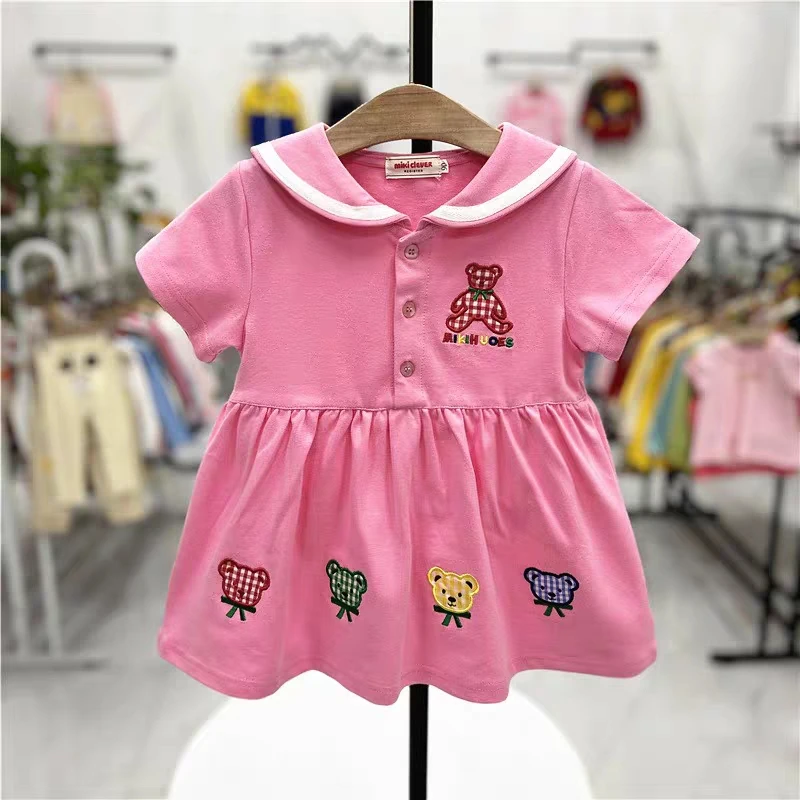 日单外贸 miki连衣裙 女宝卡通可爱格子熊刺绣学院风短袖裙