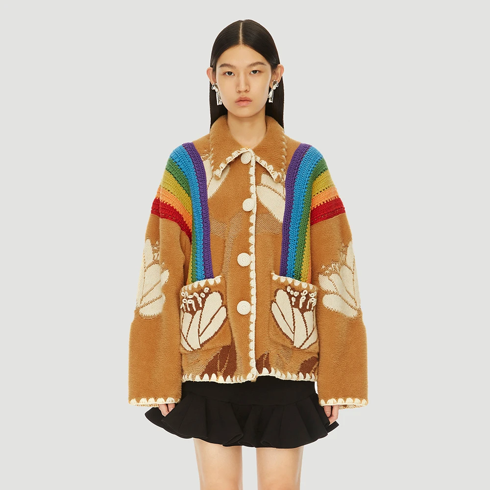 UOOYAA/乌丫冬季经典复古手钩彩虹毛外套翻领针织开衫5014