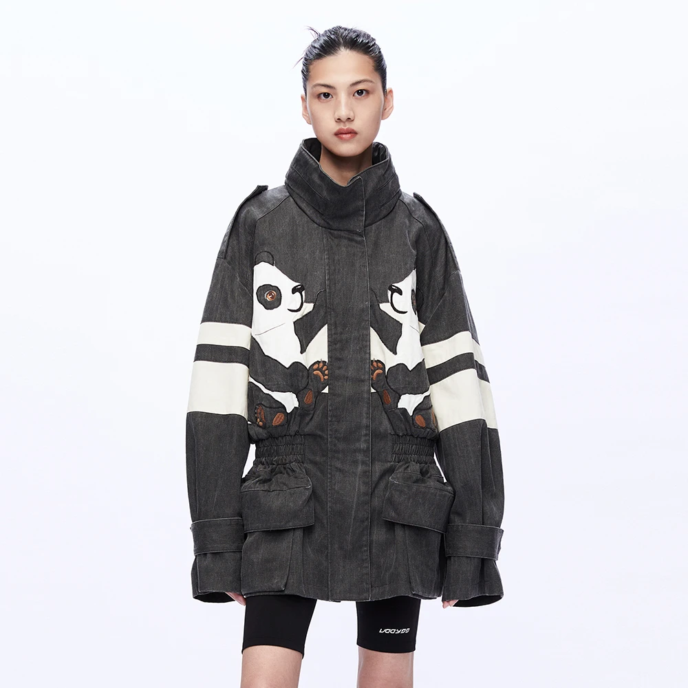 UOOYAA/乌丫秋季熊猫刺绣拼布水洗牛仔收腰廓形夹克0008