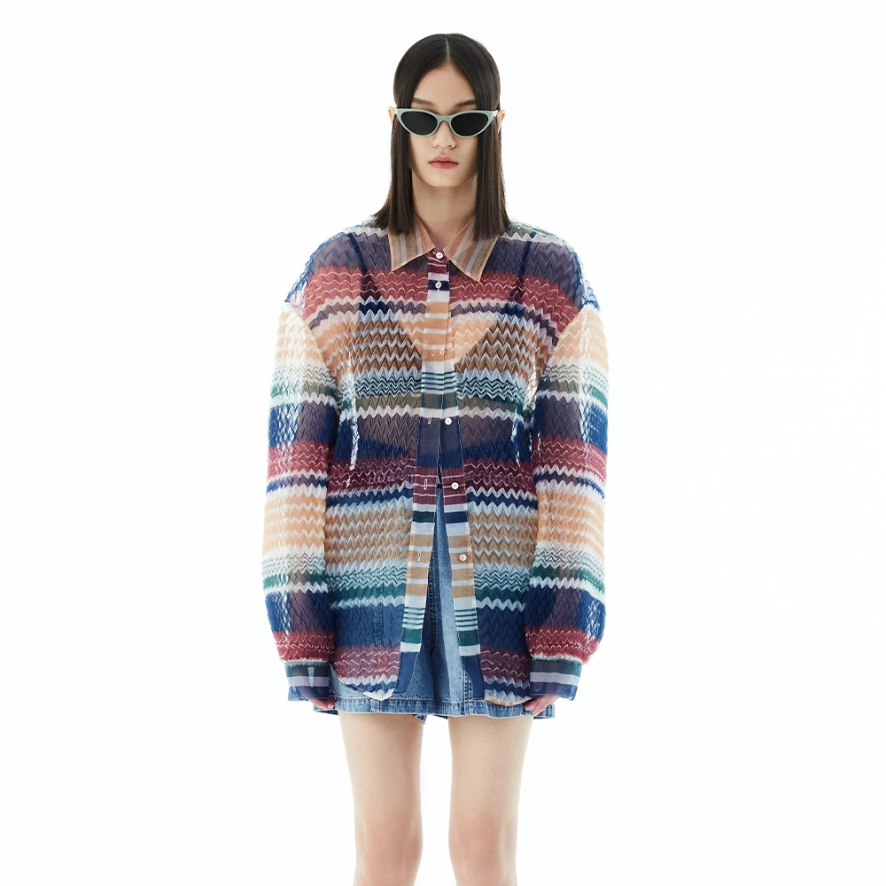 乌Y夏季经典款宽松时尚褶皱纹理感透视复古立体雪纺纱衬衫0024