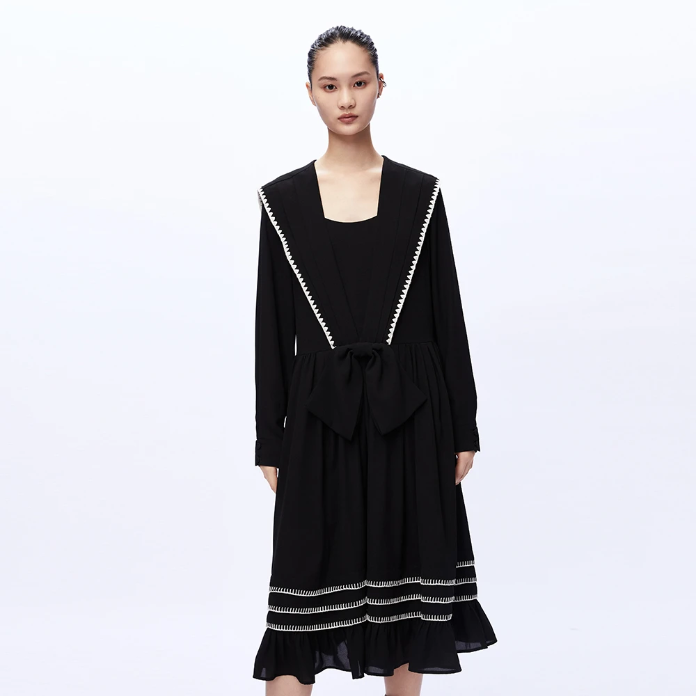 UOOYAA/乌丫秋季时尚新款复古海军领立体蝴蝶结长款连衣裙0019