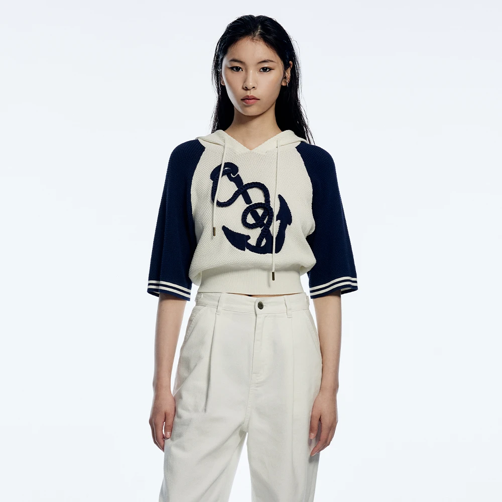 UOOYAA/乌丫夏季经典「航海」系列海军风船锚标针织短袖T恤9204