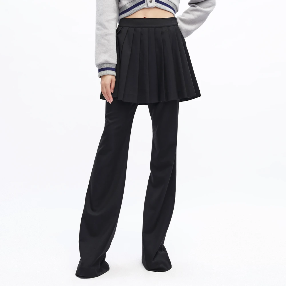 UOOYAA/乌丫秋季经典款假两件百褶喇叭裤长裤下装裤裙秋冬5151