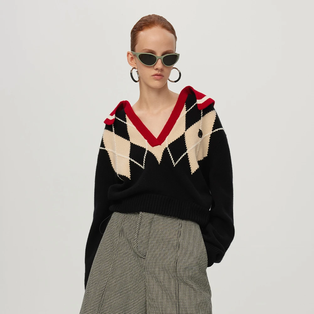 UOOYAA乌丫冬季经典复古polo菱形格学院风毛针织衫5278