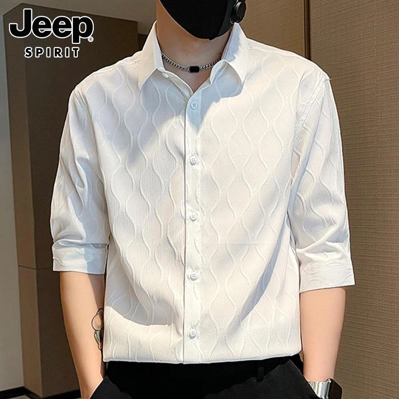 Jeep吉普男士短袖衬衫夏季新款潮牌薄款休闲纯色翻领五分袖男衬衣