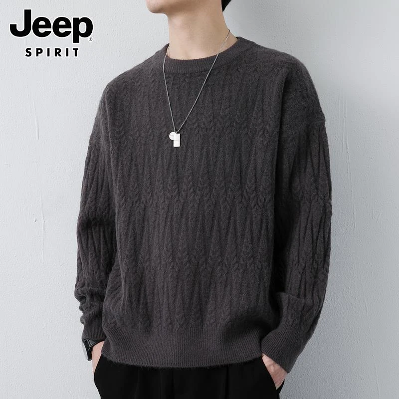 Jeep吉普男士保暖毛衣秋冬季潮流宽松休闲扭花圆领加厚打底针织衫
