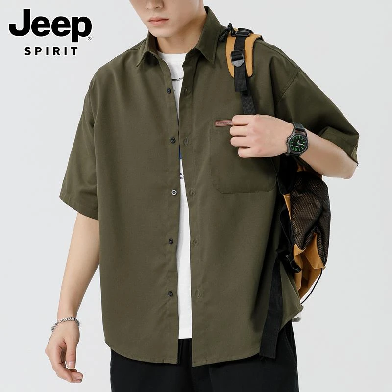 Jeep吉普夏季军绿色短袖衬衫男士宽松寸衫外套薄款潮牌休闲衬衣男