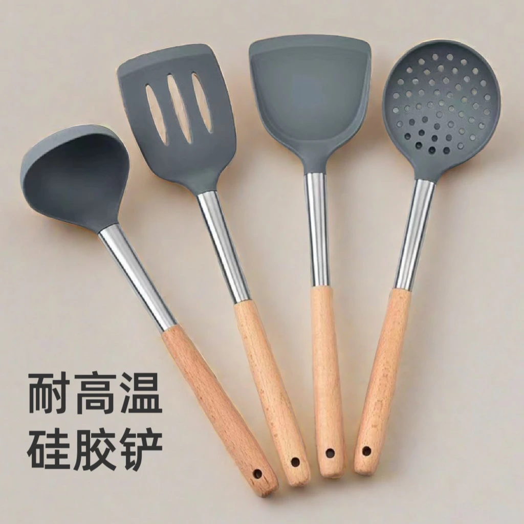长柄不粘锅涂层硅胶铲木柄耐高温家用炒菜锅铲子煎铲汤勺漏勺子