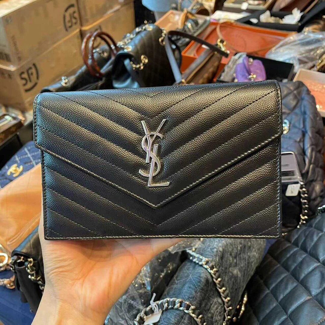 95新 YSL/圣罗兰 黑银信封链条斜挎包/派/897114