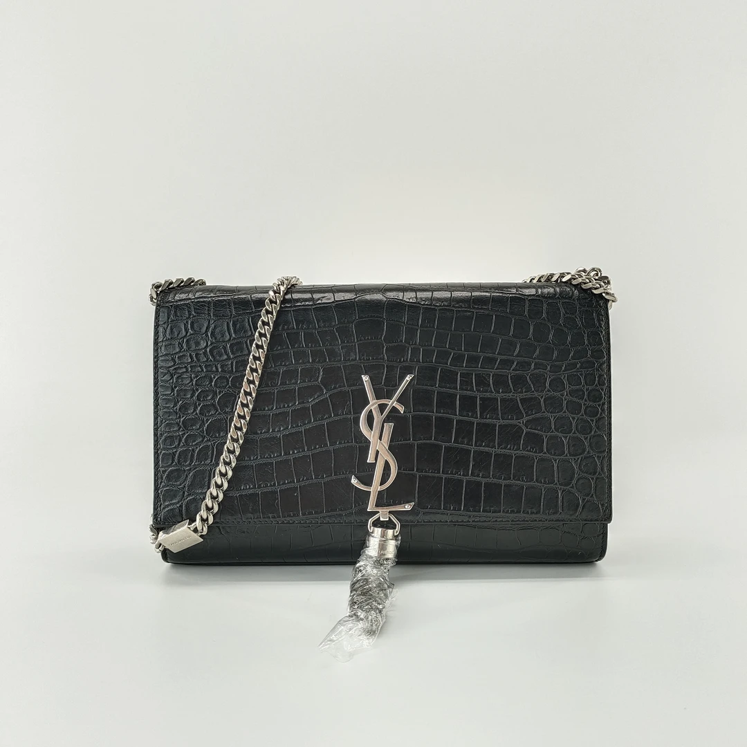 95新 YSL/圣罗兰 流苏 单肩黑银中号 斜挎包链条包压纹