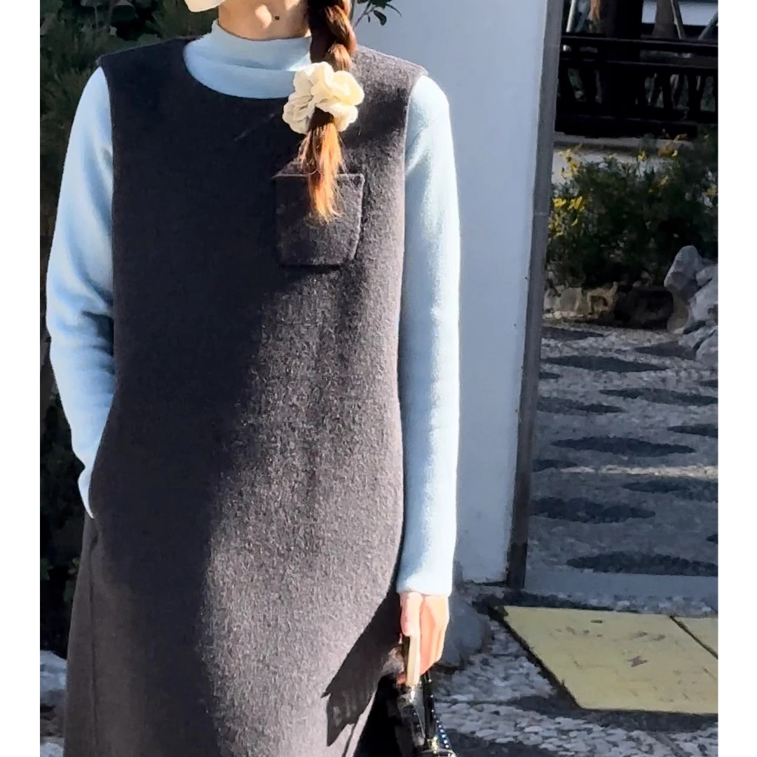 2024秋冬新款小香风背心裙女圆领无袖羊毛呢子背心裙连衣裙