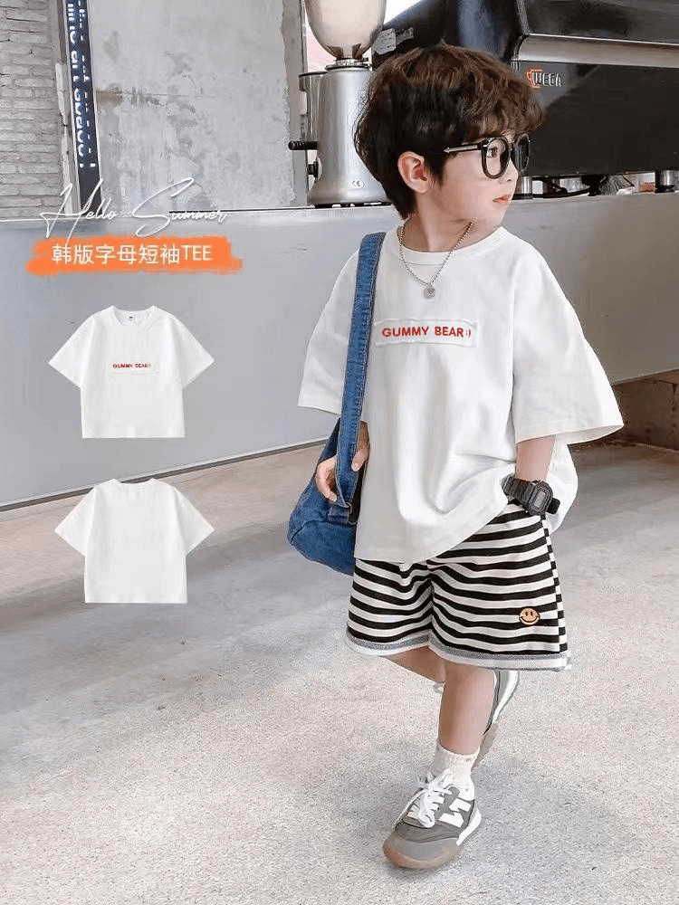 【破价清仓】韩版纯棉一字肩宽松T恤时尚韩版男女童休闲短袖中大童
