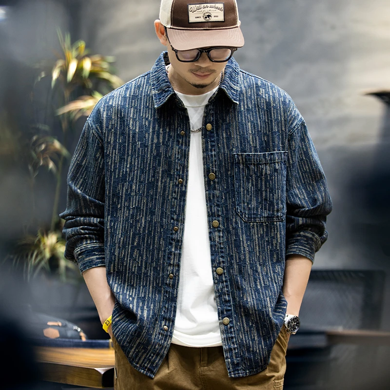 几何先生美式牛仔衬衫男秋季潮牌高级感水洗工装衬衣男士宽松外套