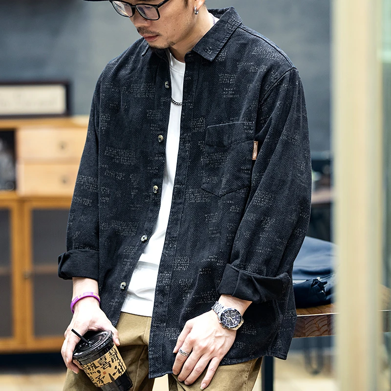 几何先生美式复古印花长袖衬衫男宽松高端上档次衬衣男士休闲外套