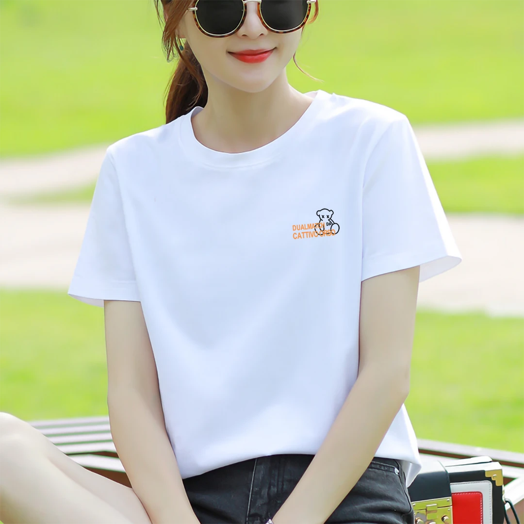 白色冰瓷棉休闲短袖t恤女宽松夏季新款圆领时尚简约半袖百搭显瘦