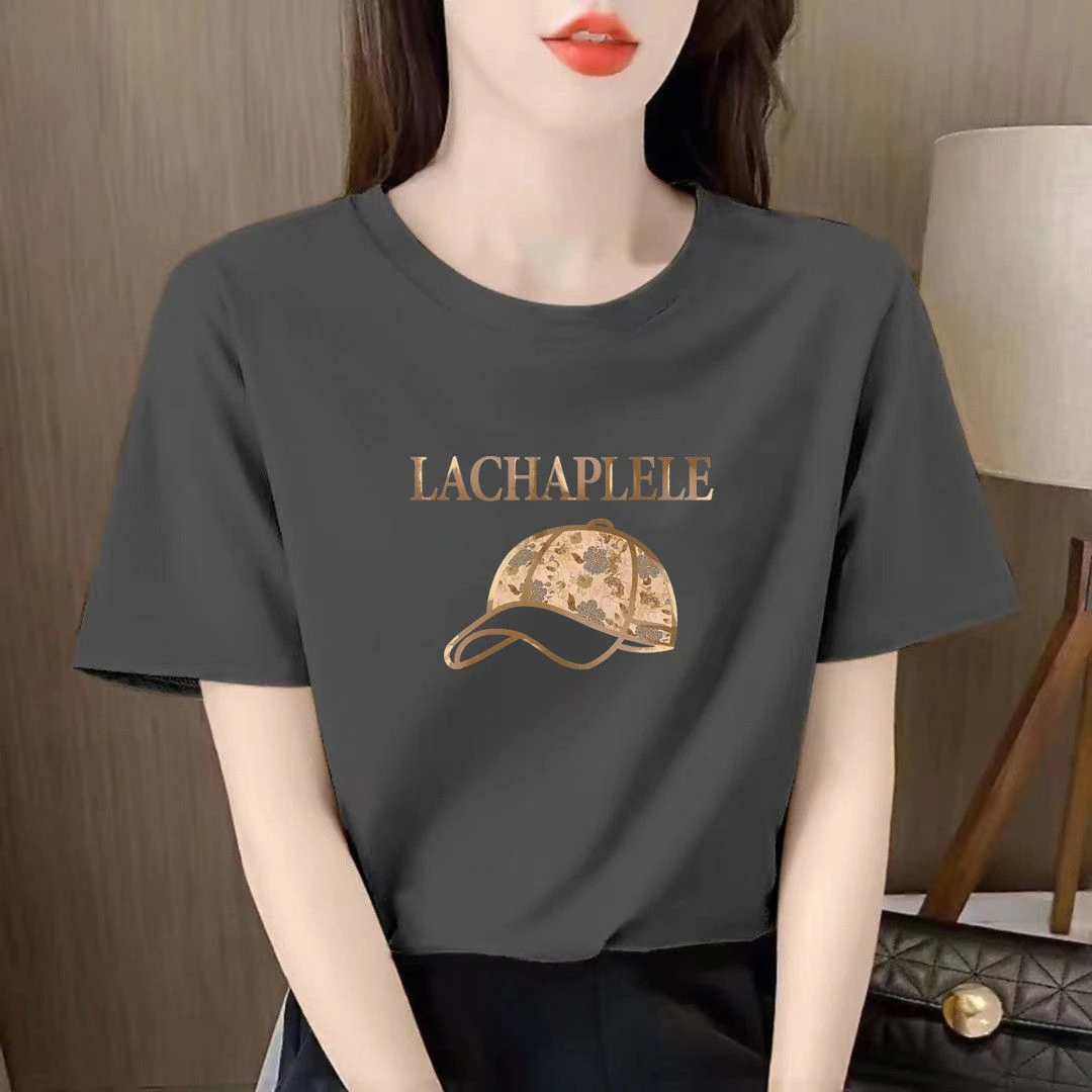 冰瓷棉夏新款烟灰色正肩短袖t恤女宽松圆领半袖显瘦百搭时尚洋气