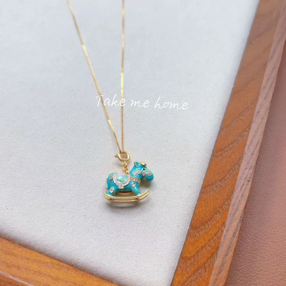 坠链均925银 蓝色彩绘小木马项链 CYX012